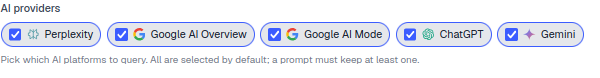 El selector de proveedores de IA en el diálogo Add prompts