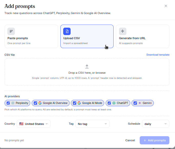 Karta Nahrať CSV v dialógovom okne Pridať prompty