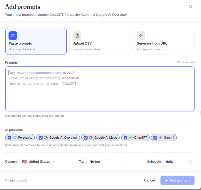 The Paste prompts tab in the Add prompts dialog