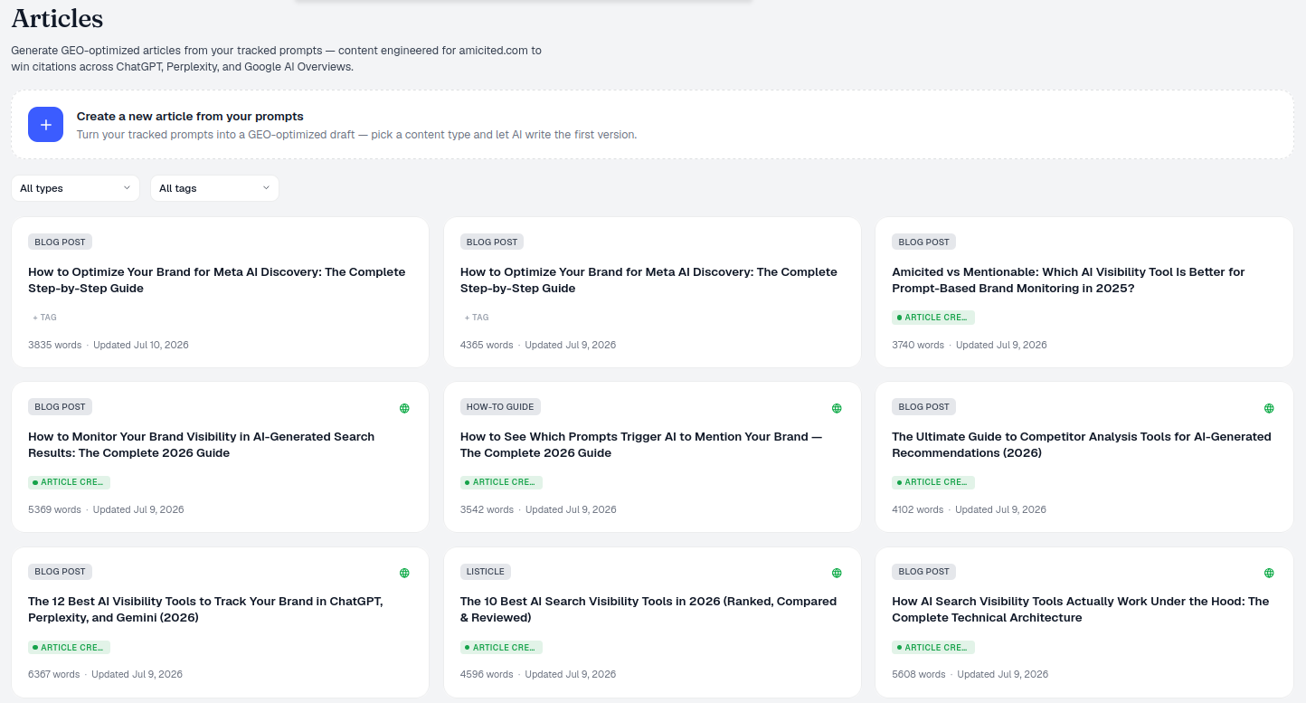 The Articles library grid with type and tag filters