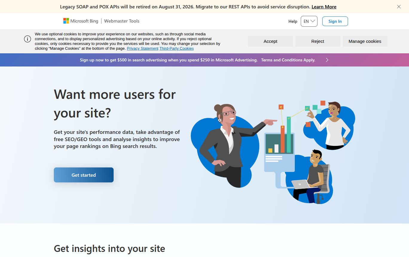 Bing Webmasters website screenshot