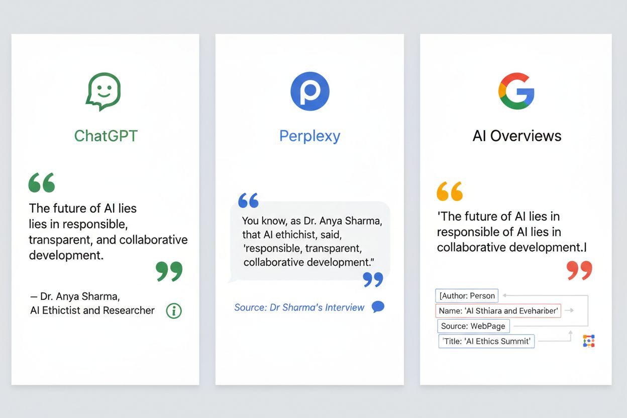 Comparison of quote formatting across ChatGPT, Perplexity, and Google AI Overviews platforms