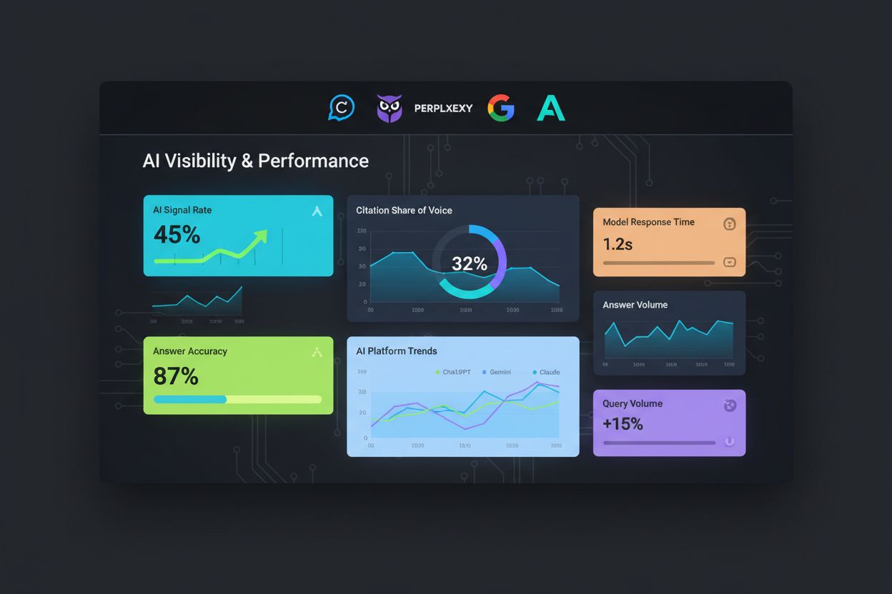 Modern AI visibility dashboard showing metrics like AI Signal Rate, Citation Share of Voice, and Answer Accuracy across multiple platforms