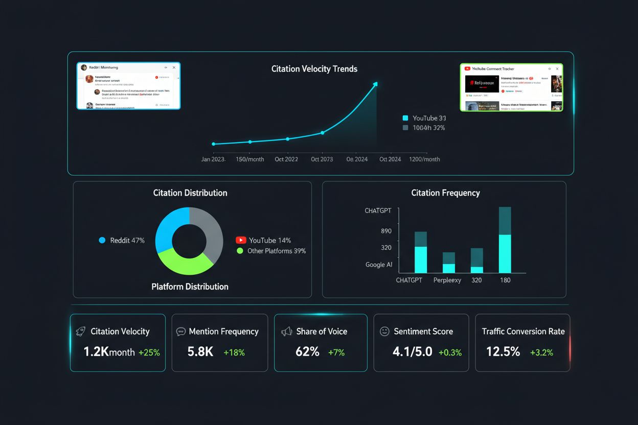 Analytics dashboard showing AI citation metrics, citation velocity, mention frequency, and sentiment analysis