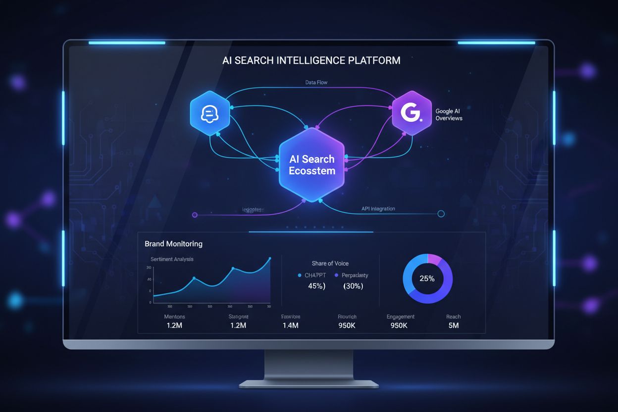 AI search ecosystem visualization showing ChatGPT, Perplexity, and Google AI Overviews interconnected