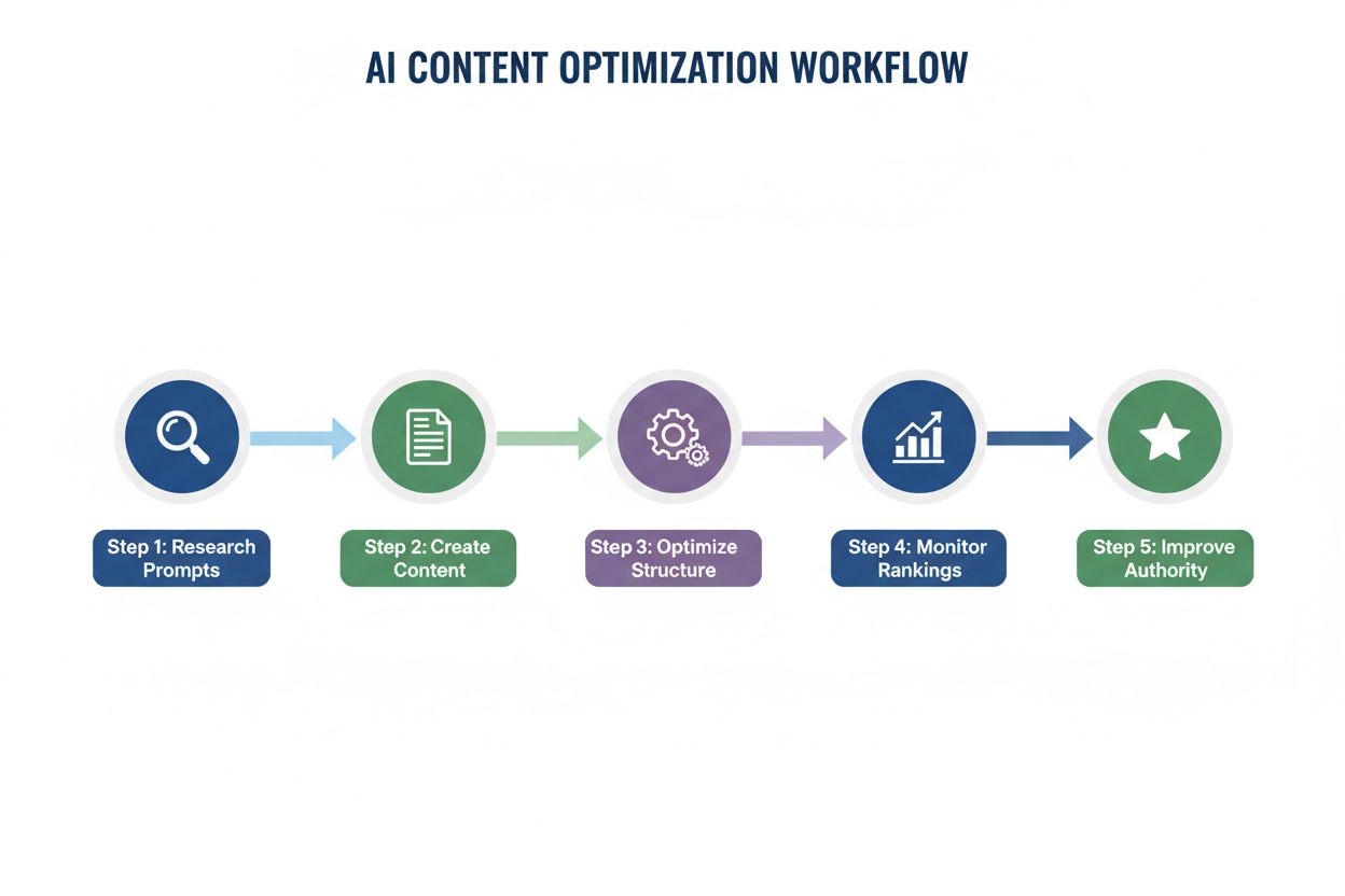 Content optimization workflow for AI visibility: research, create, optimize, monitor, improve