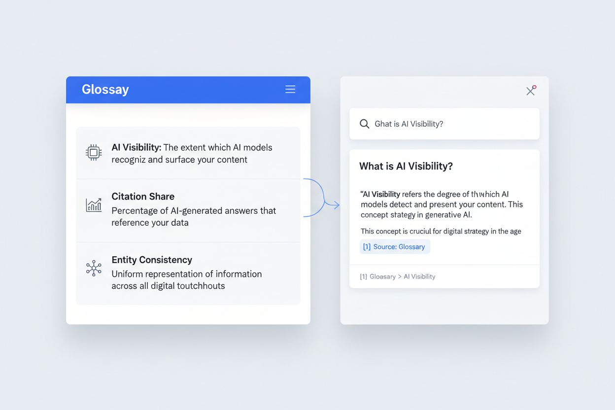 Glossary definitions being cited in AI-generated answers with split-screen showing glossary page and AI chat interface