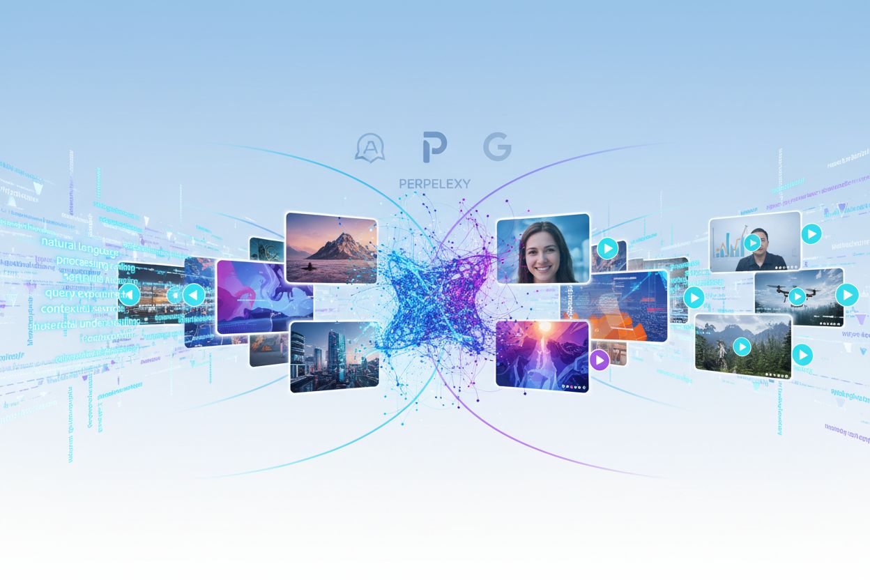 Multimodal AI search visualization showing text, images, and video integration