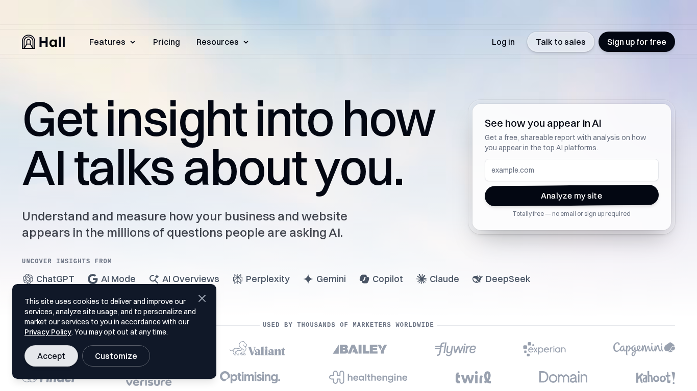 Hall AI monitoring platform showing visibility tracking and sentiment analysis