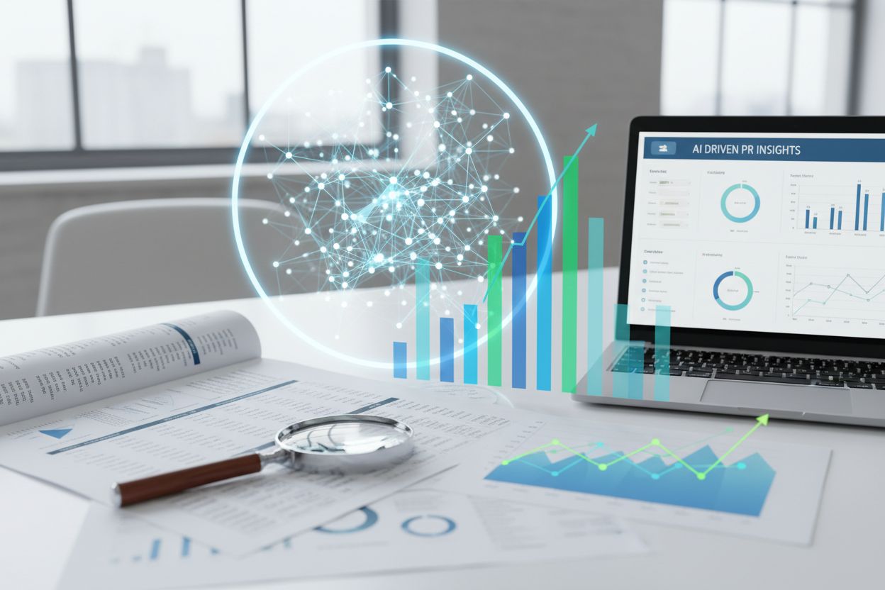 Professional data visualization showing research documents, charts, and AI analysis for data-driven PR