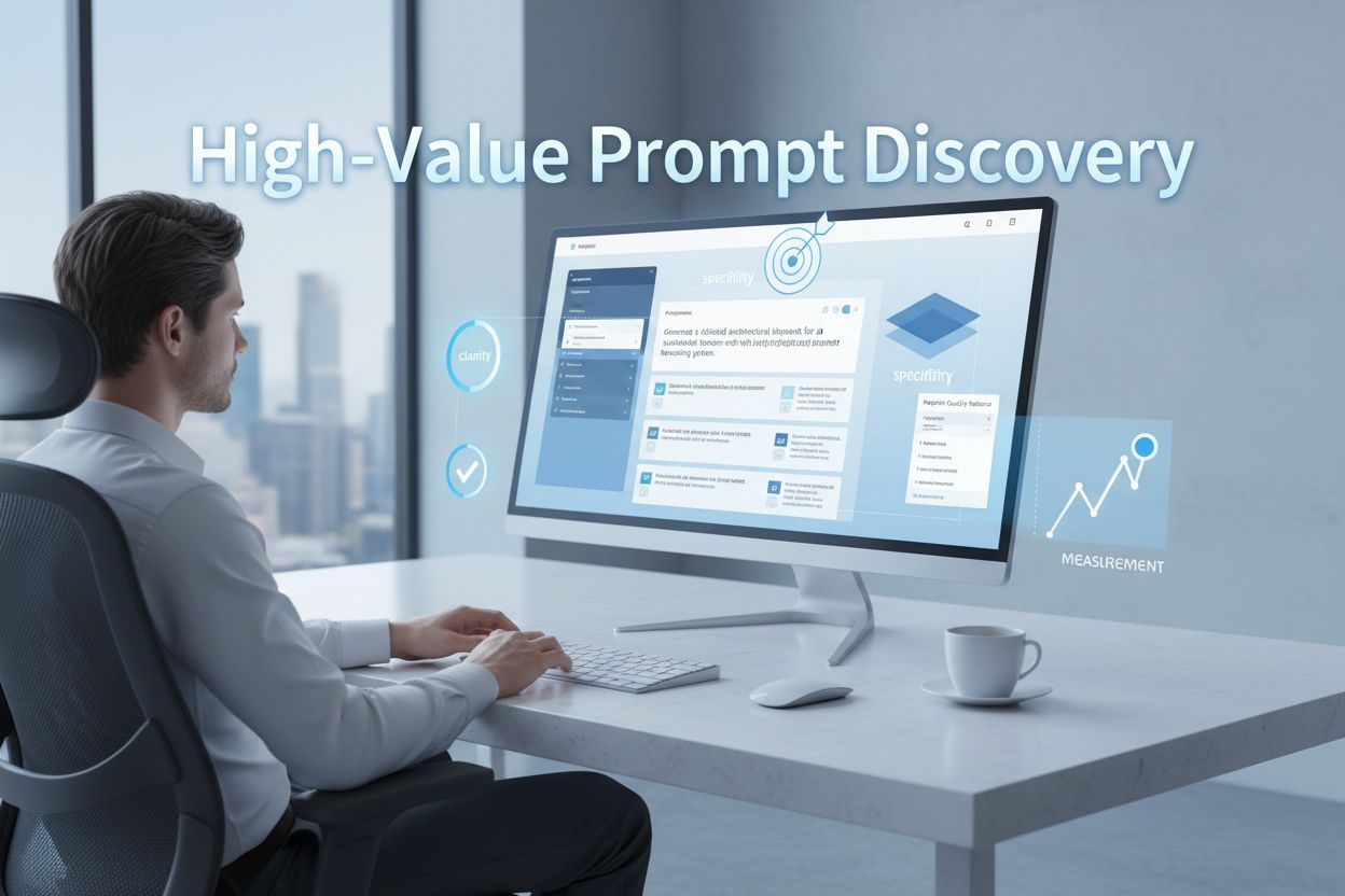 Professional workspace showing AI prompt discovery process with laptop and analytics