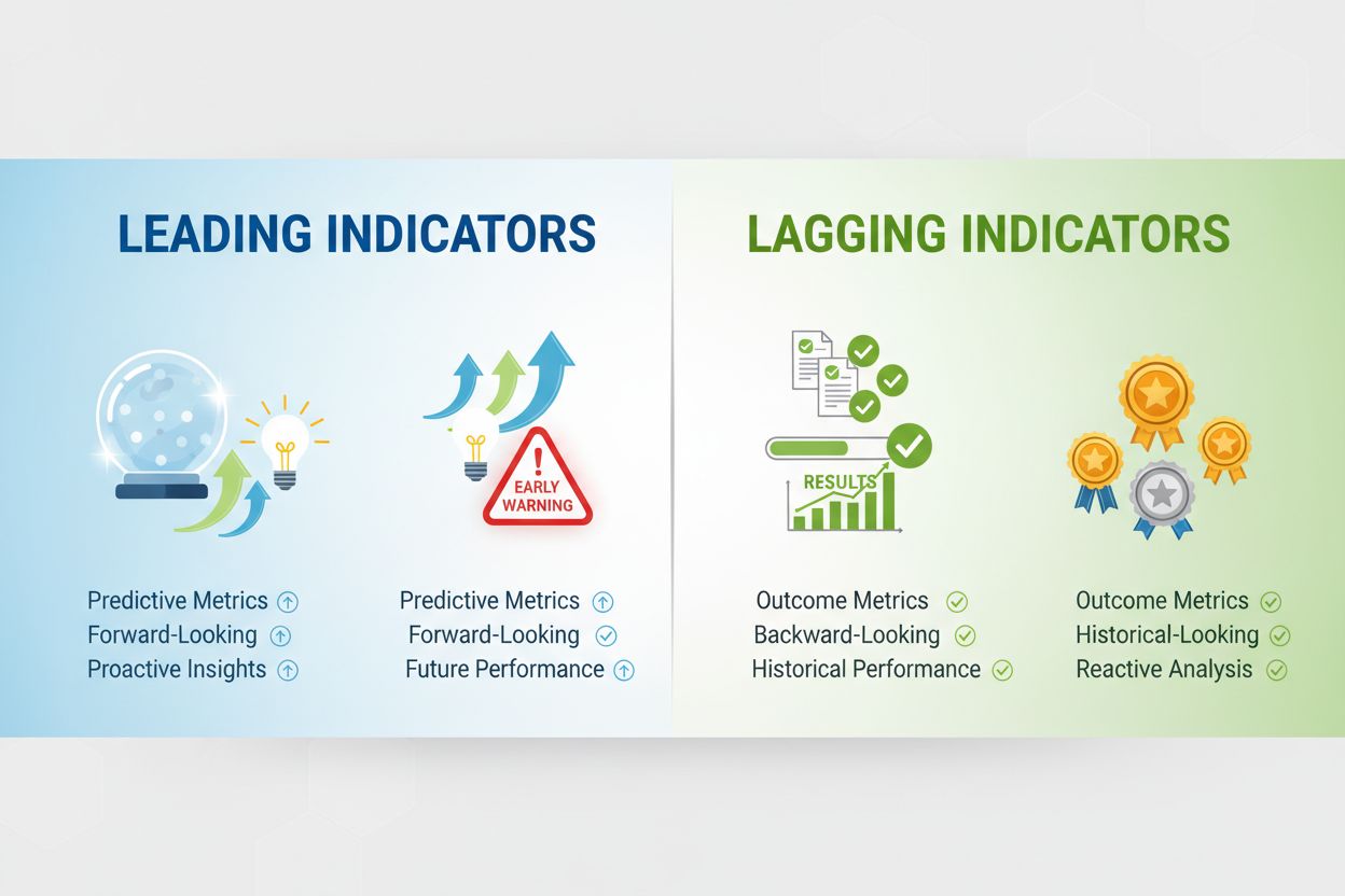Split-screen comparison of leading indicators (predictive metrics) vs lagging indicators (outcome metrics) for AI visibility monitoring