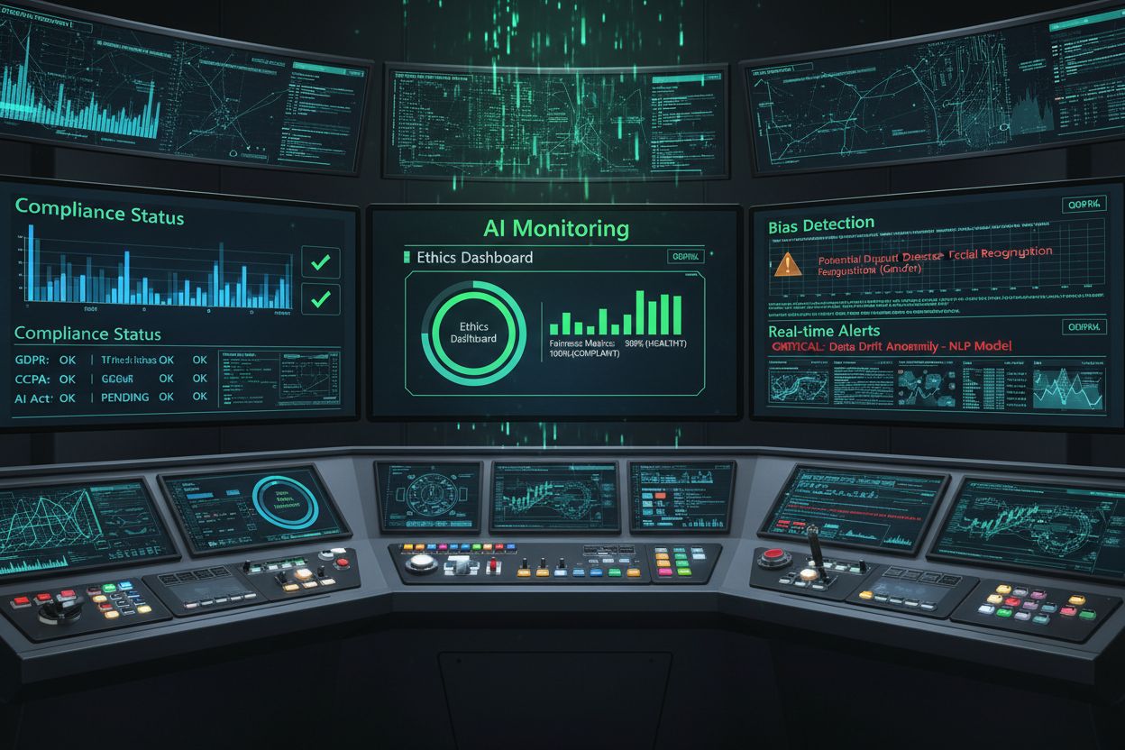 High-tech AI monitoring dashboard with real-time ethics metrics and compliance indicators
