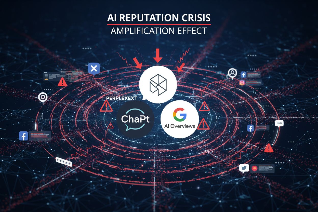 AI reputation crisis amplification showing ChatGPT, Perplexity, and Google AI Overviews with negative sentiment indicators