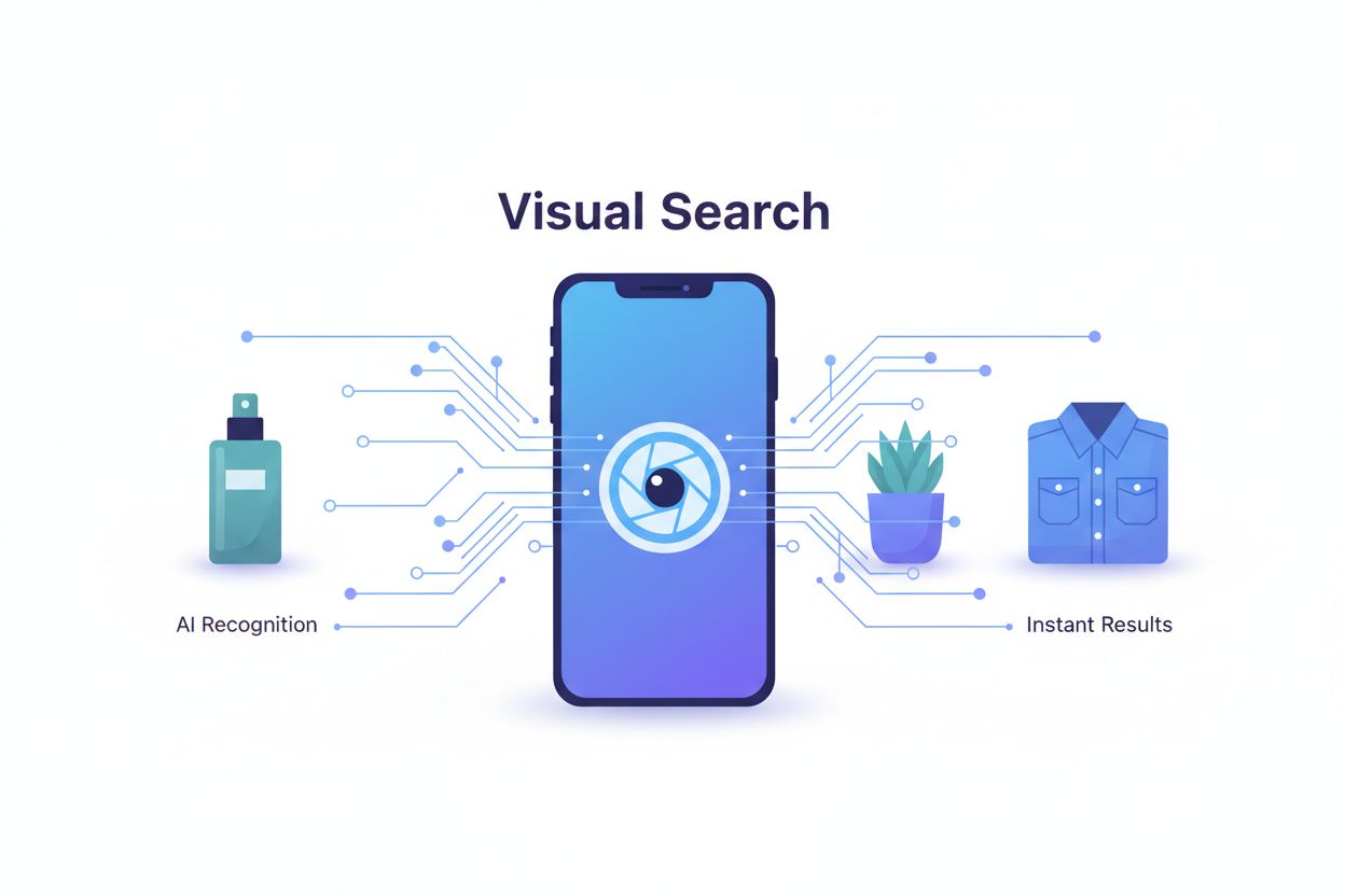 Modern illustration of visual search technology with smartphone camera, AI recognition, and neural network patterns