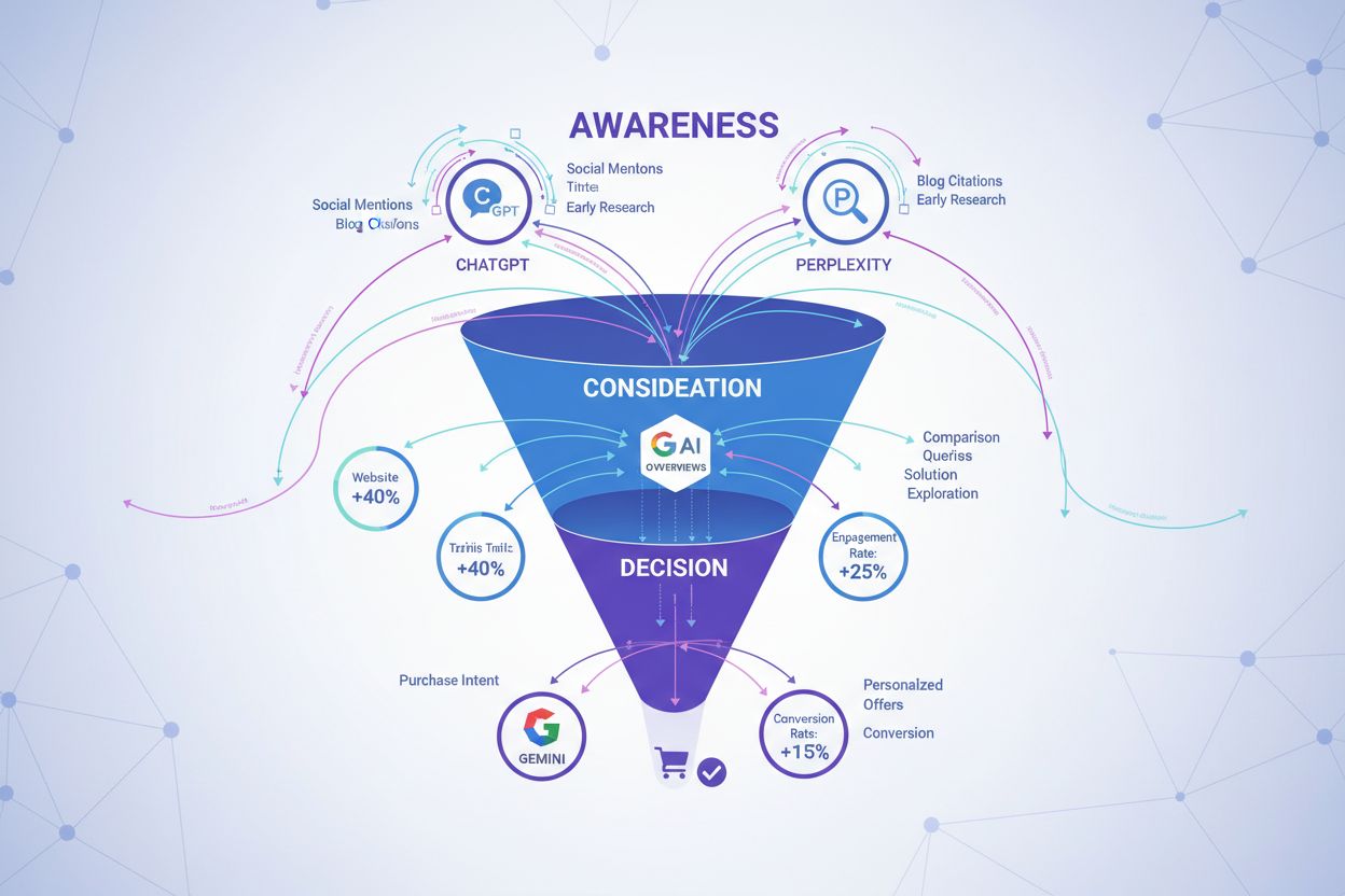 Customer journey visualization showing AI touchpoints across awareness, consideration, and decision stages