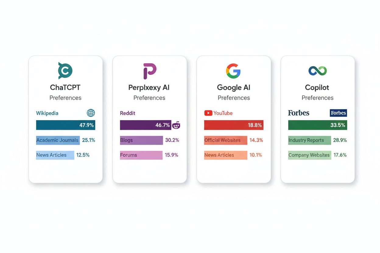 Platform-specific citation preferences showing different sources for ChatGPT, Perplexity, Google AI, and Copilot