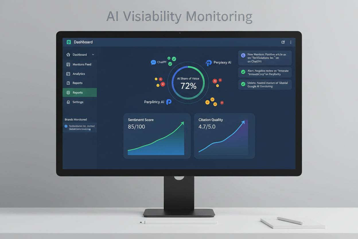 AmICited.com dashboard showing AI visibility monitoring across multiple AI platforms with real-time metrics