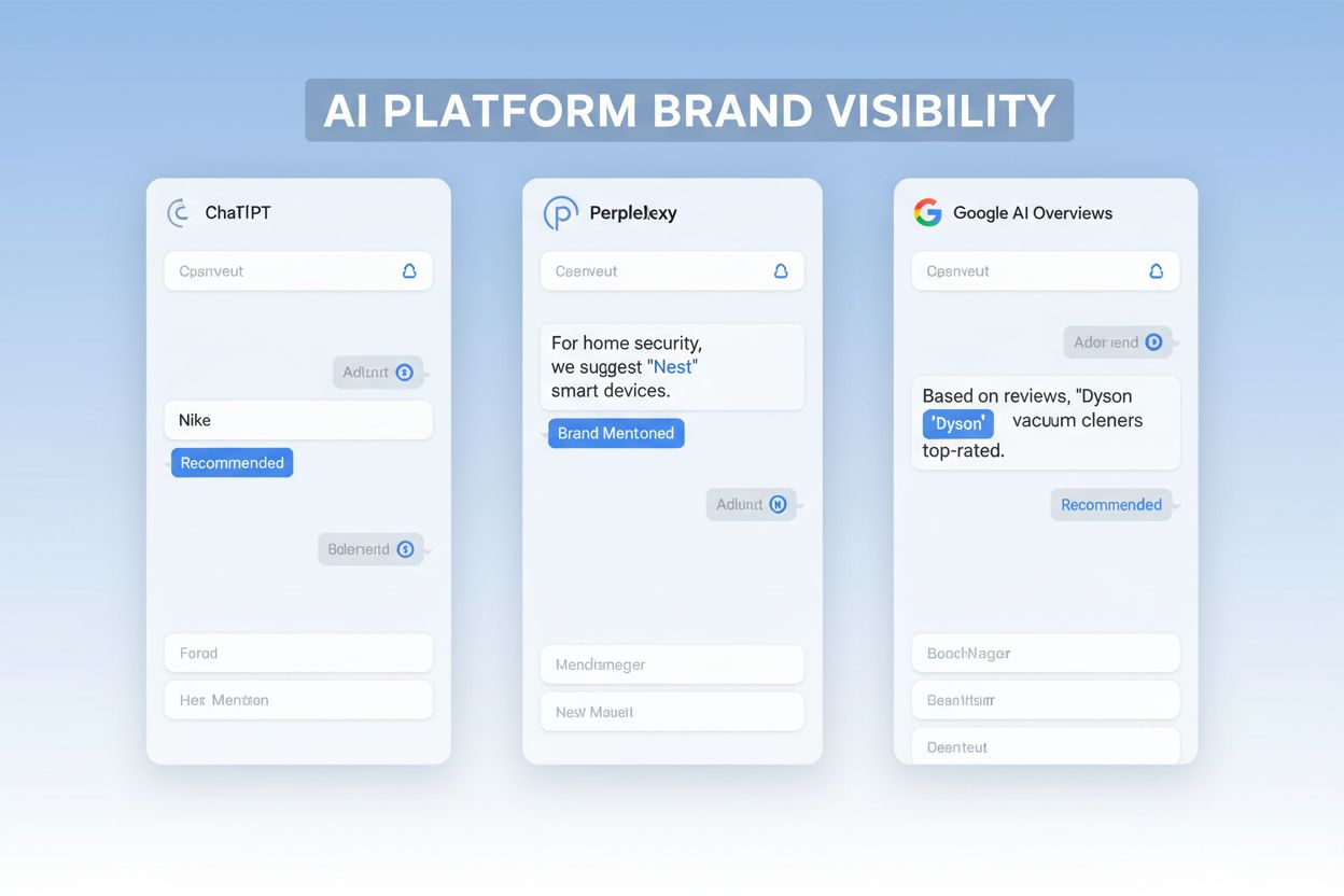 Multiple AI chat interfaces showing brand mentions and recommendations across ChatGPT, Perplexity, and Google AI Overviews