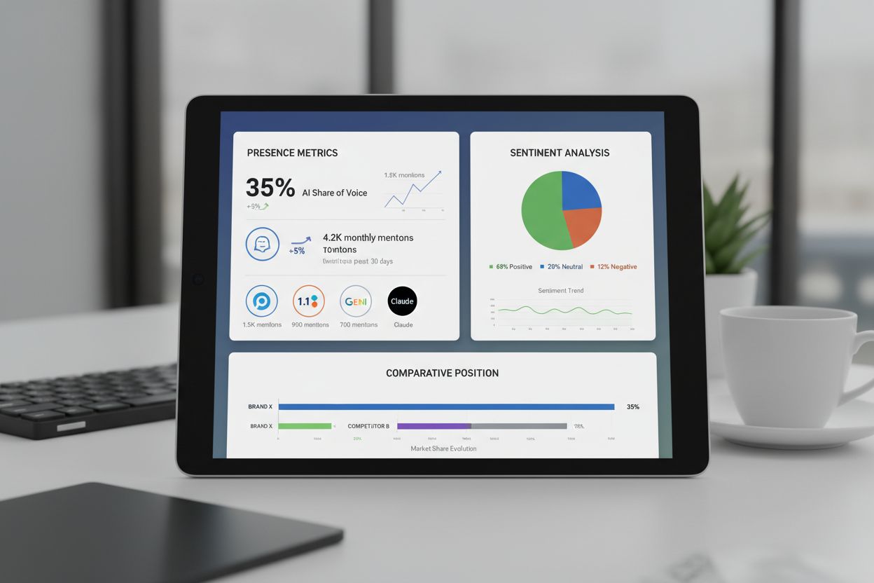 AI visibility monitoring dashboard showing presence, sentiment, and comparative position metrics