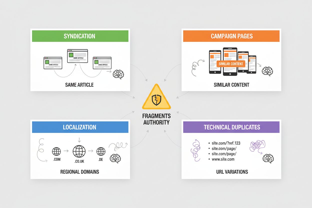 Four types of duplicate content issues: syndication, campaign pages, localization, and technical duplicates