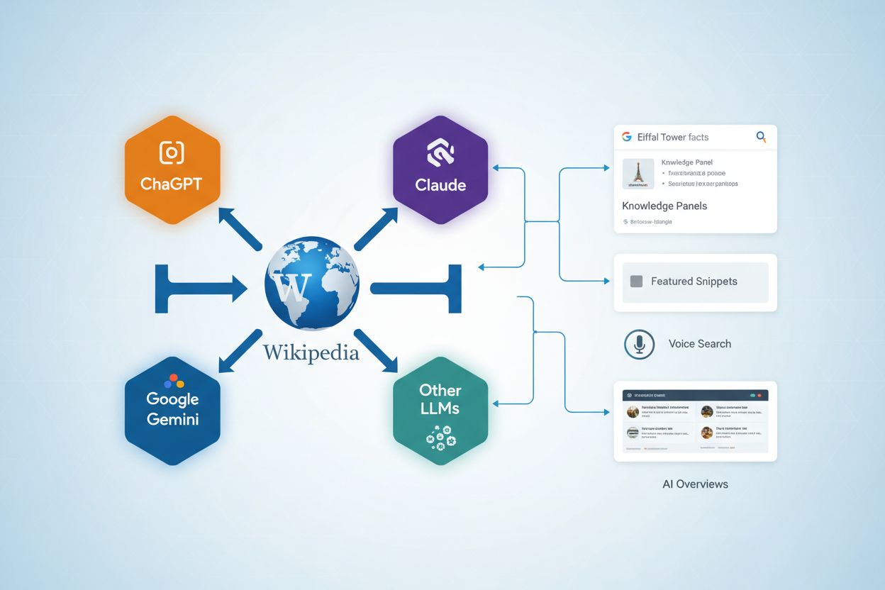 Wikipedia's role in AI ecosystem showing data flow from Wikipedia to LLMs, search engines, and AI platforms