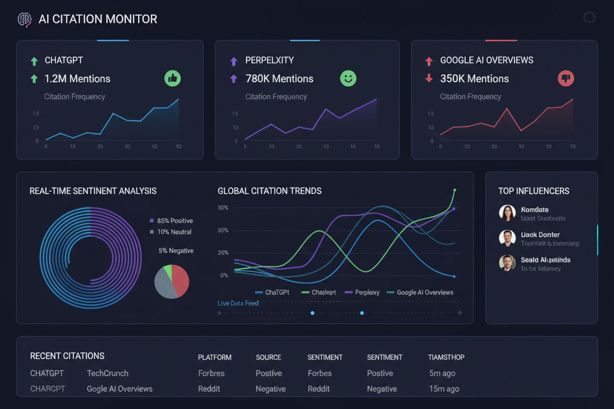 AI citation monitoring dashboard showing brand mentions across ChatGPT, Perplexity, and Google AI Overviews