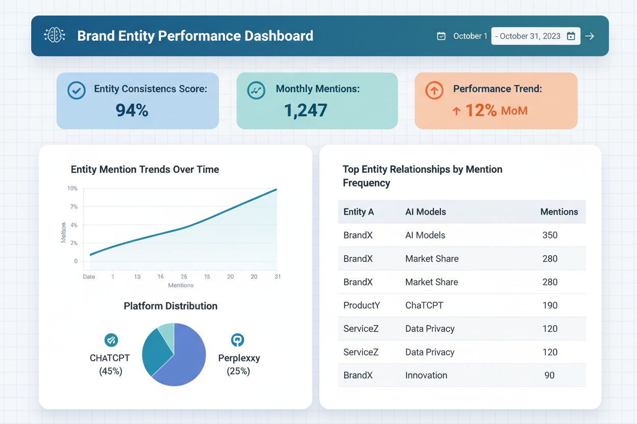 Analytics dashboard showing entity optimization metrics and LLM mention tracking