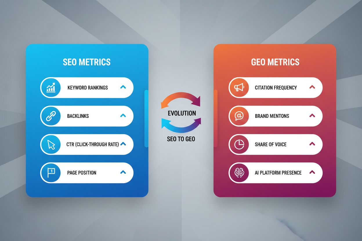 Comparison visualization of SEO metrics versus GEO metrics showing evolution from traditional search to AI-powered search