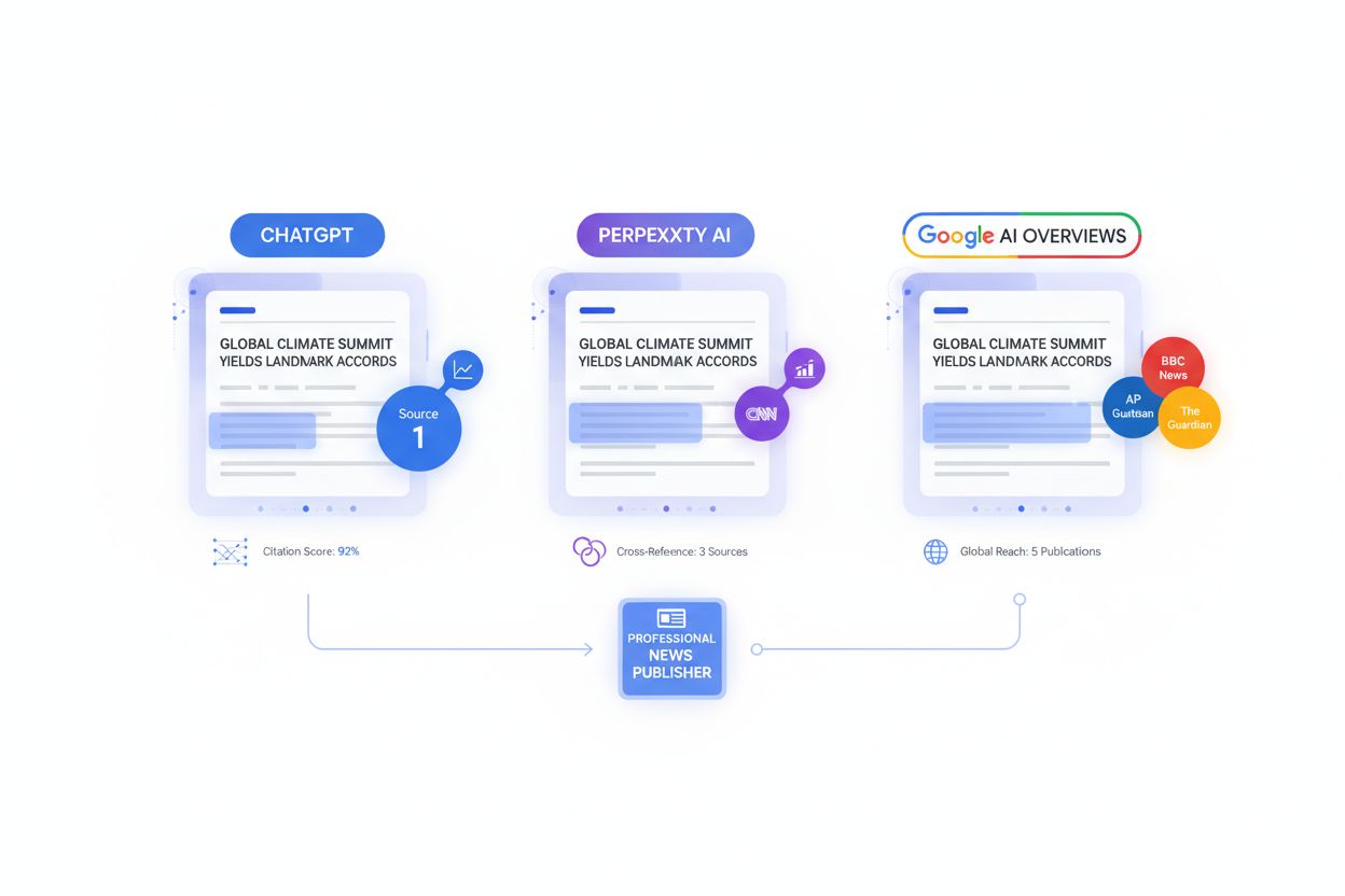 AI search platforms showing news citations across ChatGPT, Perplexity, and Google AI Overviews