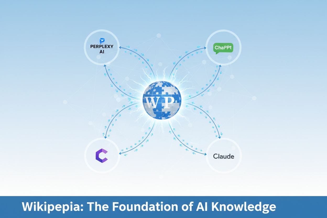 Wikipedia as the foundation of AI knowledge, connecting to ChatGPT, Perplexity, Google AI, and Claude