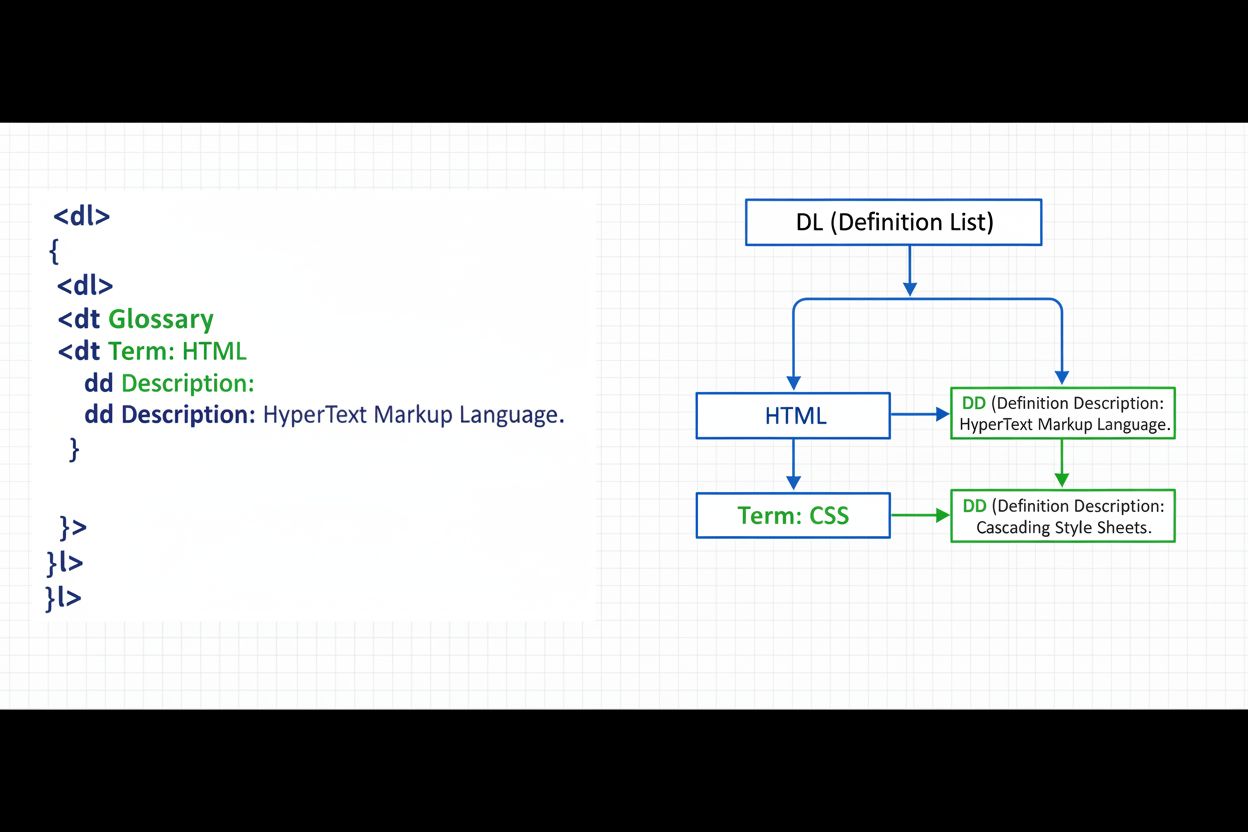 Semantic HTML definition list structure diagram showing DL, DT, DD elements and AI interpretation