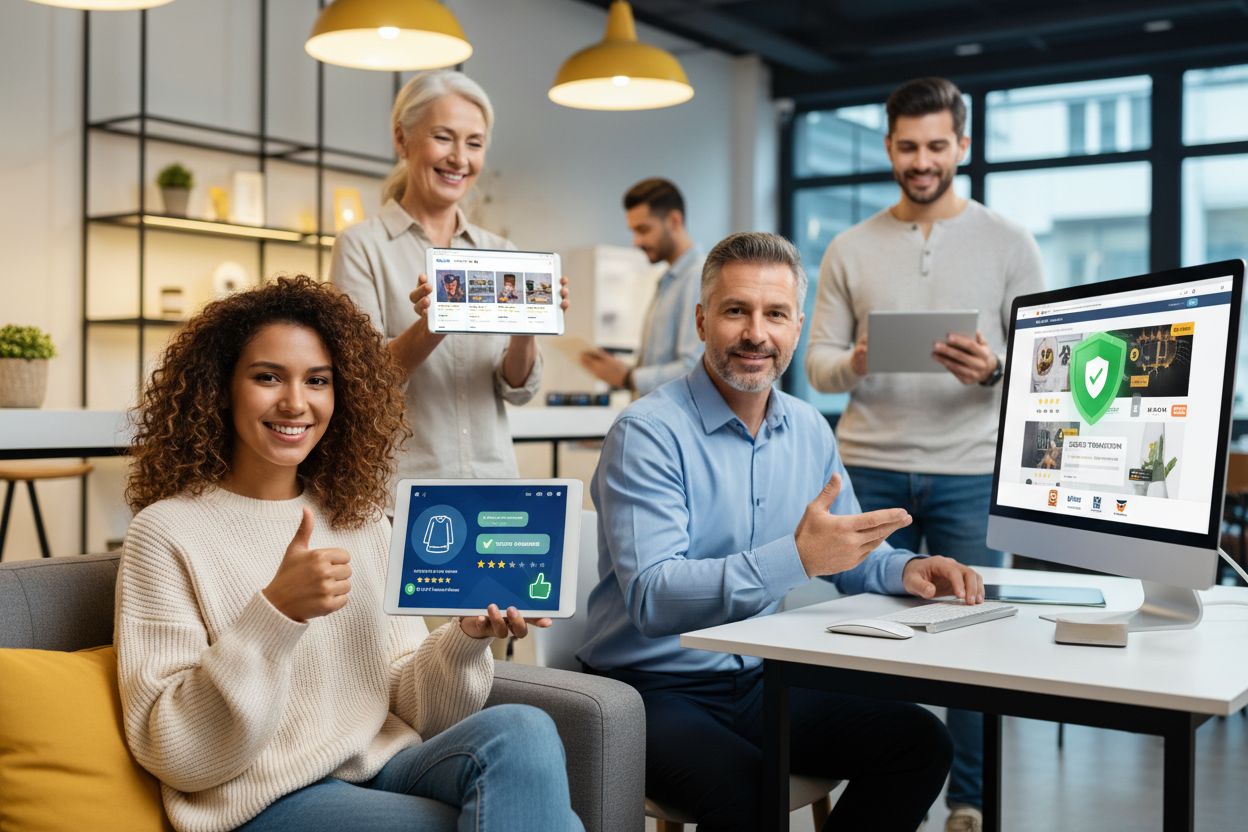 Diverse customers shopping online with AI shopping assistant and trust indicators