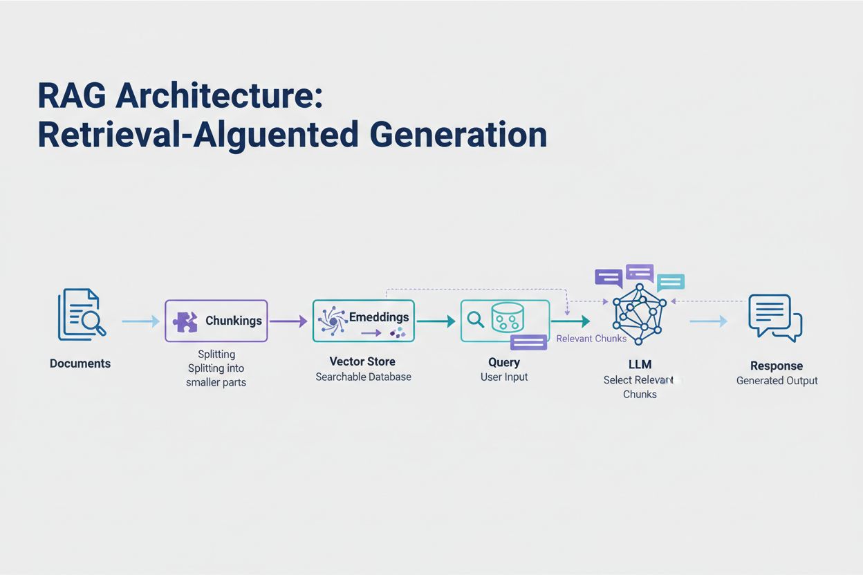 RAG architecture diagram showing document processing through embeddings to retrieval and LLM response