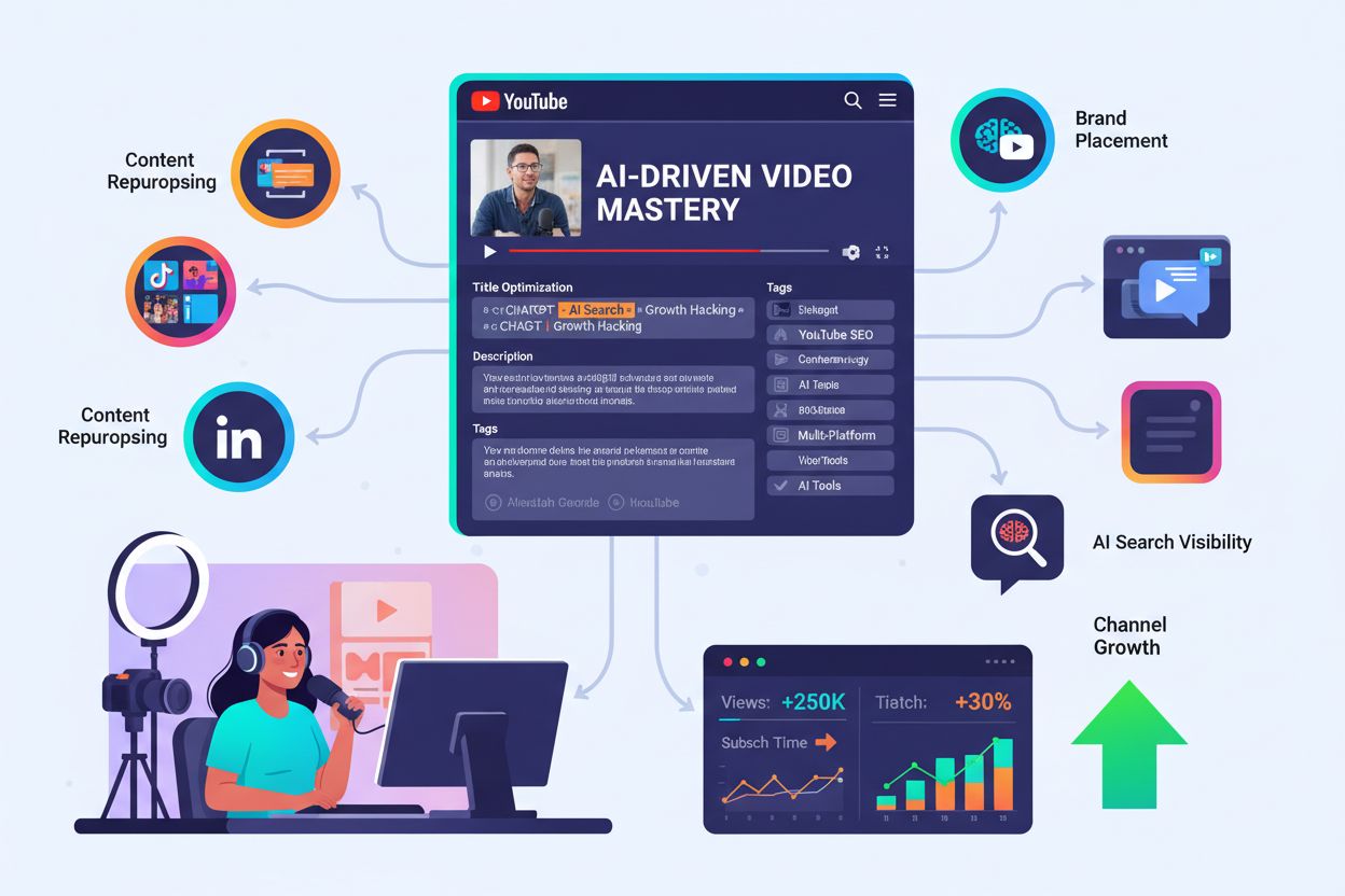 YouTube video content strategy showing optimization elements and multi-platform distribution