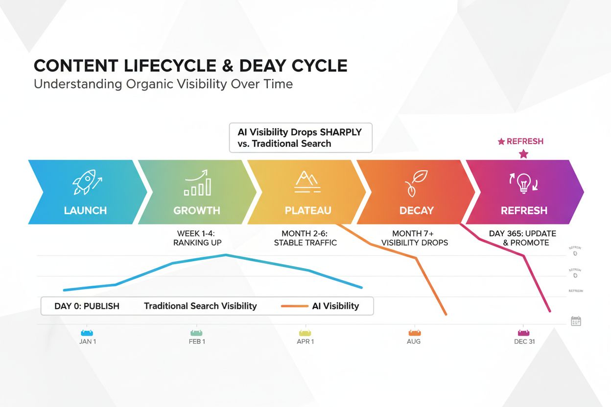 Content lifecycle showing launch, growth, plateau, decay, and refresh stages