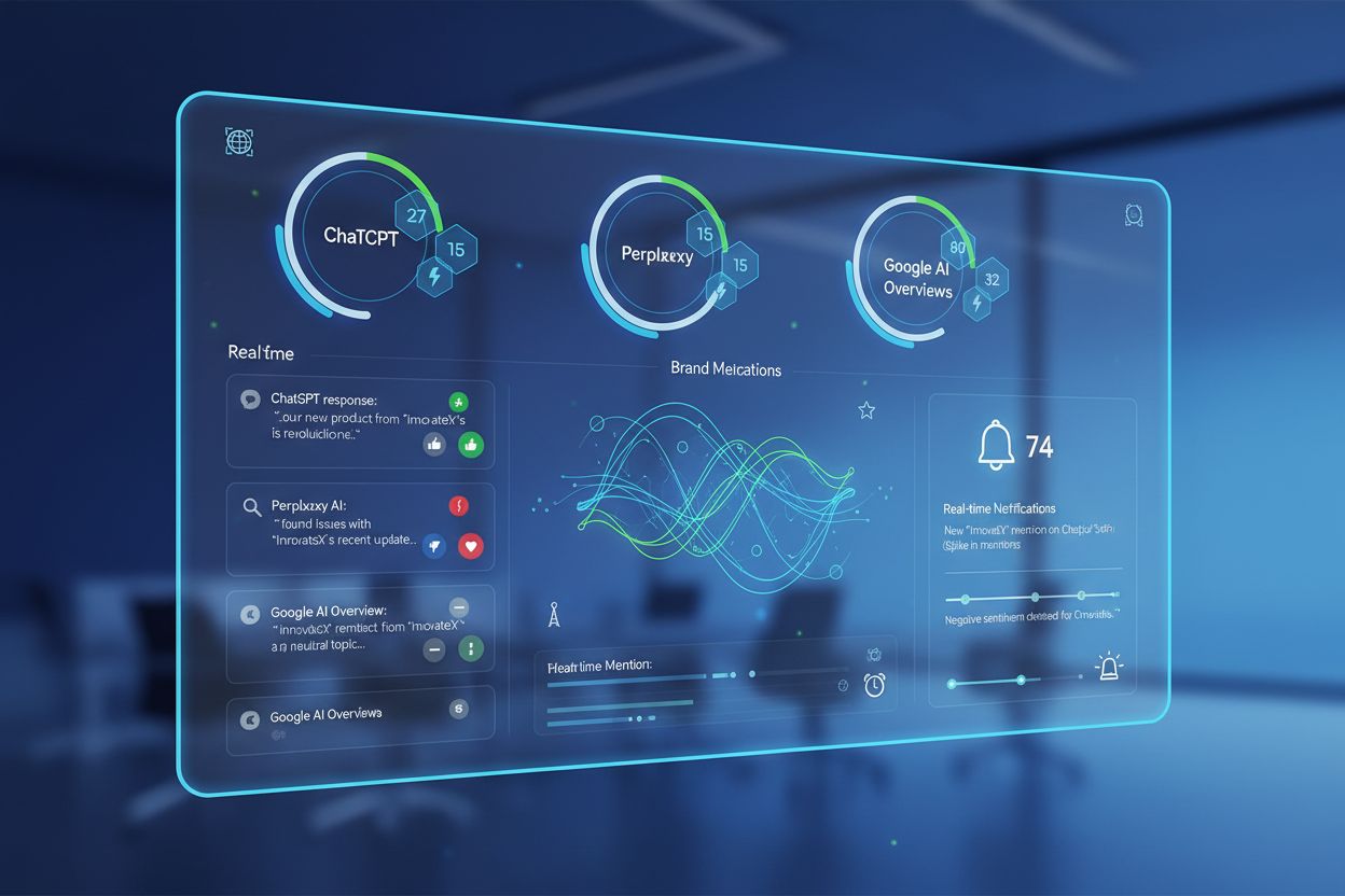 AI monitoring dashboard showing real-time brand mention alerts across multiple platforms