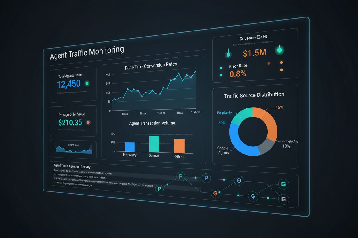 Real-time analytics dashboard monitoring AI agent traffic and commerce metrics