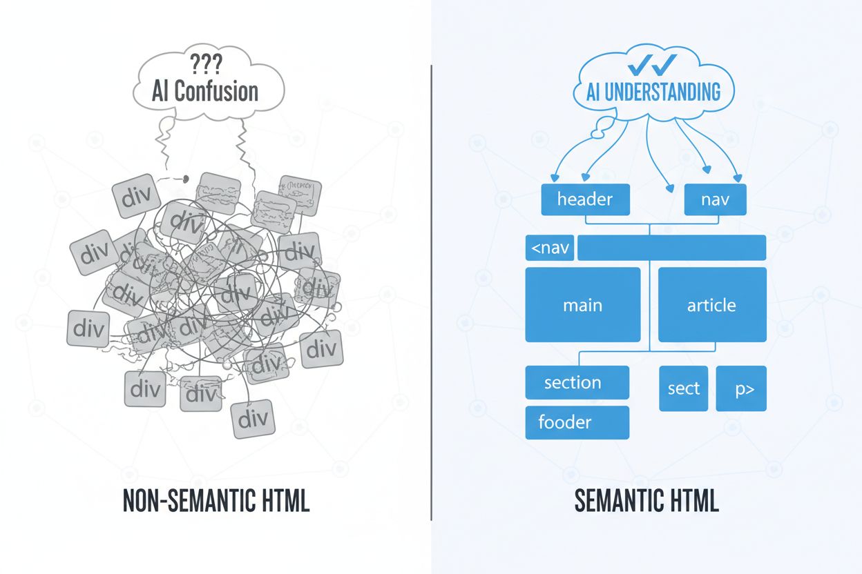 Semantic HTML vs Non-Semantic HTML comparison showing code structure and AI interpretation
