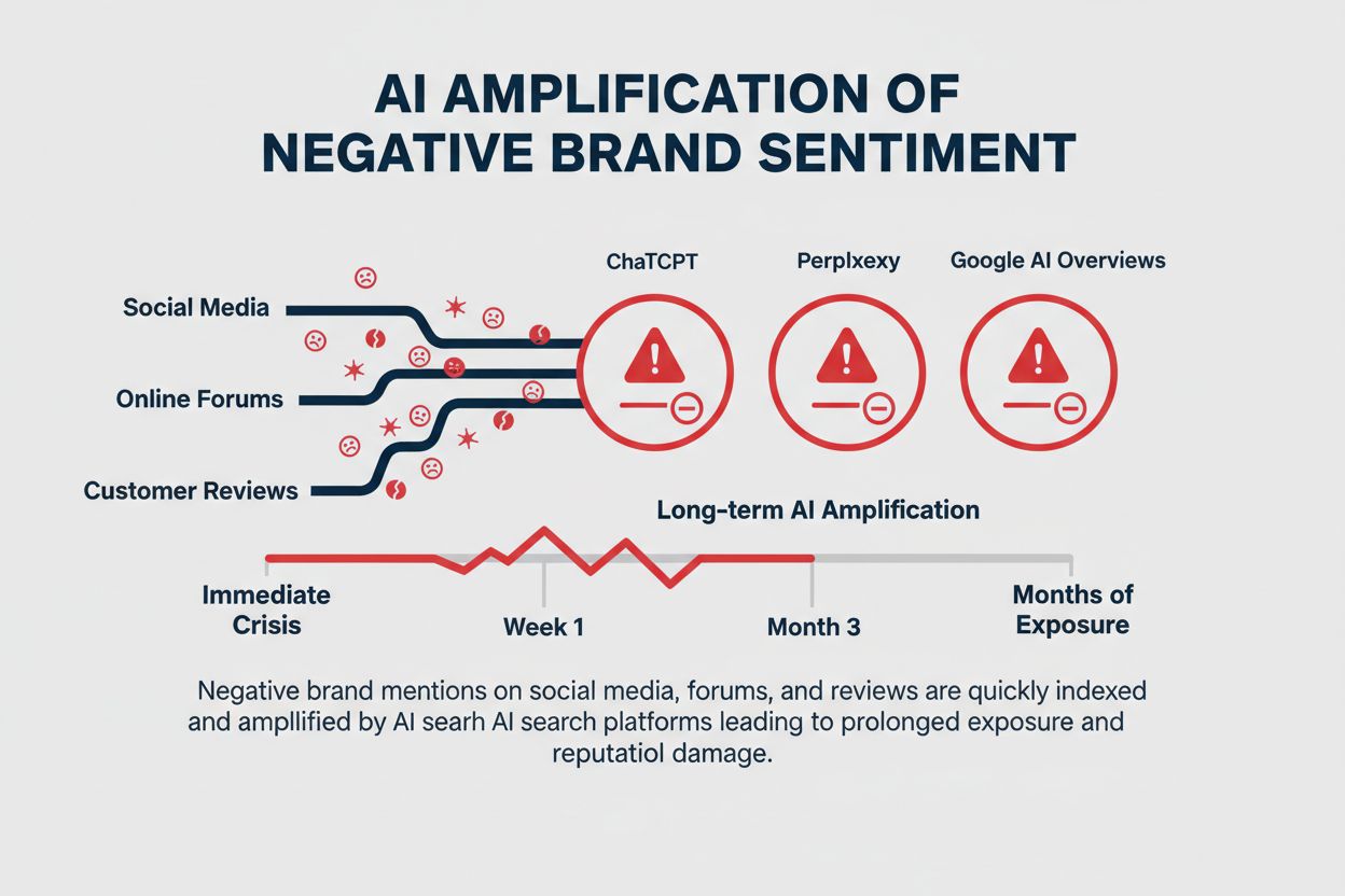 Negative brand mentions flowing through AI search platforms with timeline showing long-term amplification