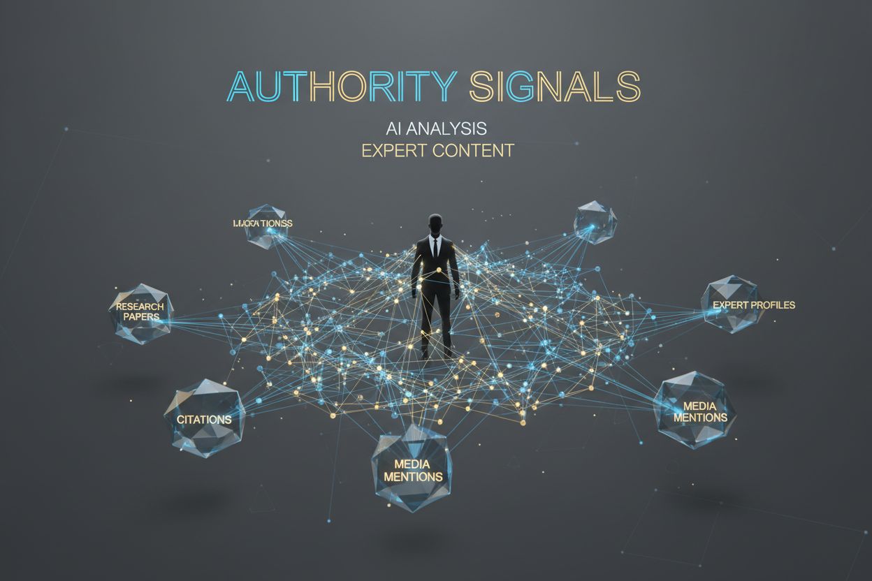 AI system analyzing expert authority signals with neural network visualization