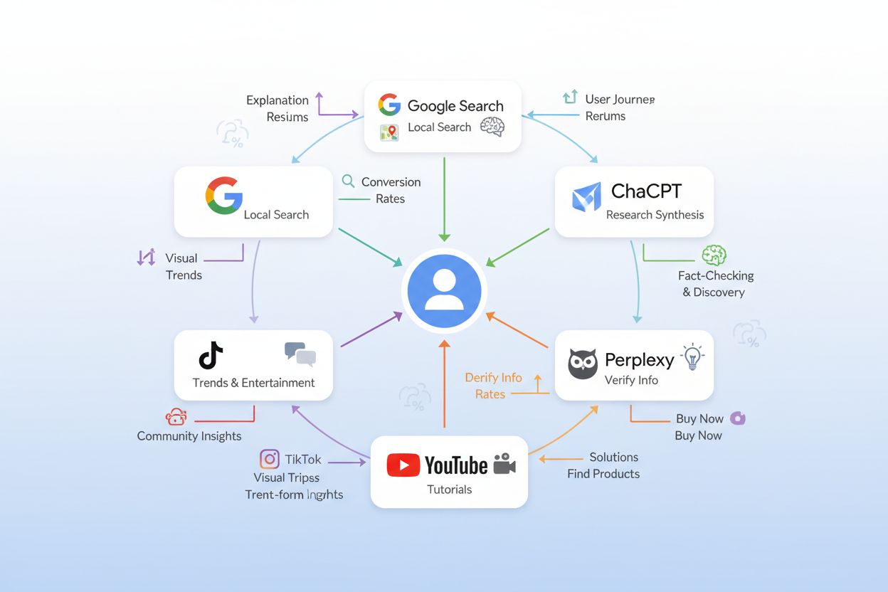 Multi-platform search ecosystem showing how Google, ChatGPT, Perplexity, YouTube, TikTok, and Reddit serve complementary roles in user discovery