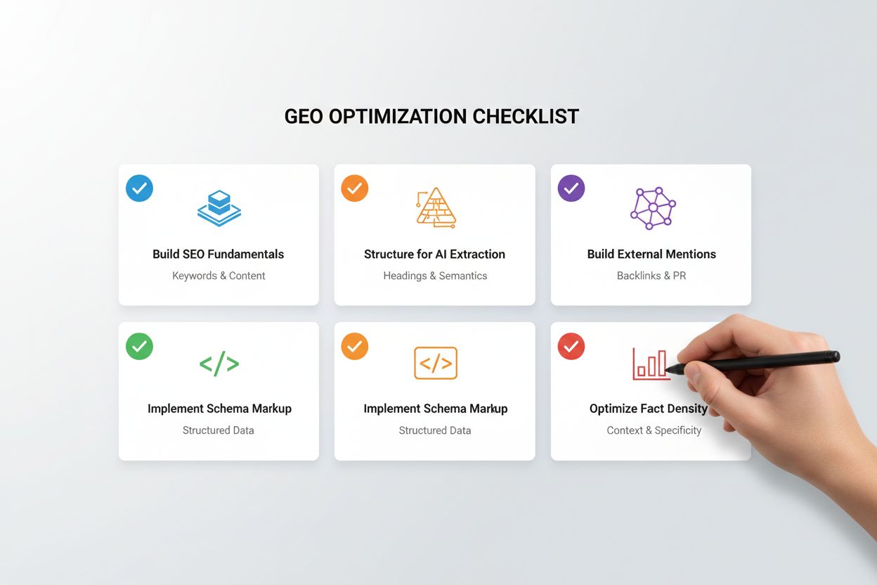 GEO optimization checklist showing five essential strategies with checkmarks
