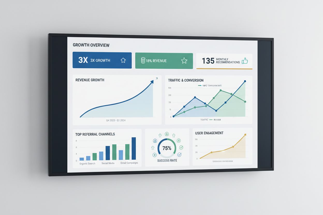 Analytics dashboard showing growth metrics with 3x growth, revenue increases, and conversion rate improvements