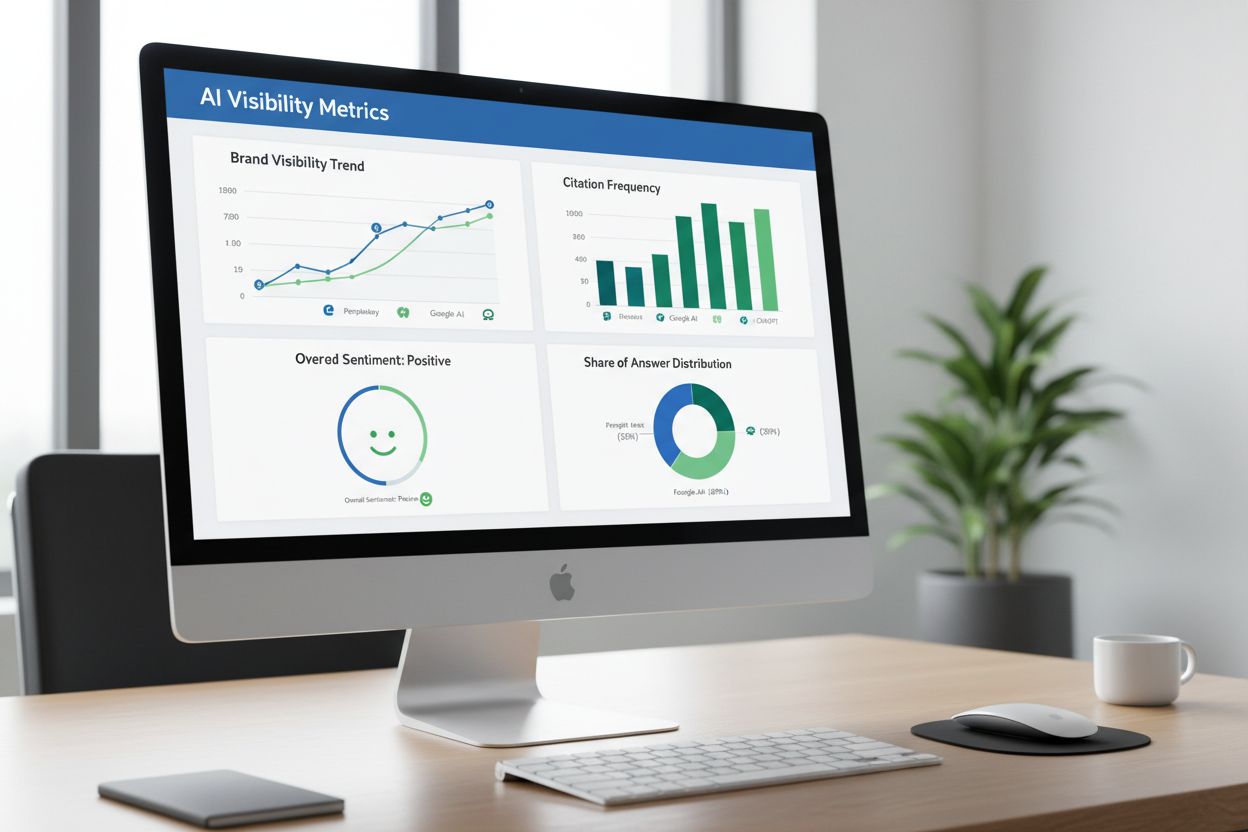 AI Visibility Metrics Dashboard showing brand visibility trends, citation frequency, and sentiment analysis