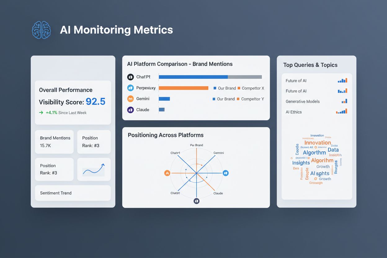 AI monitoring dashboard showing brand mentions, position, and visibility scores across AI platforms