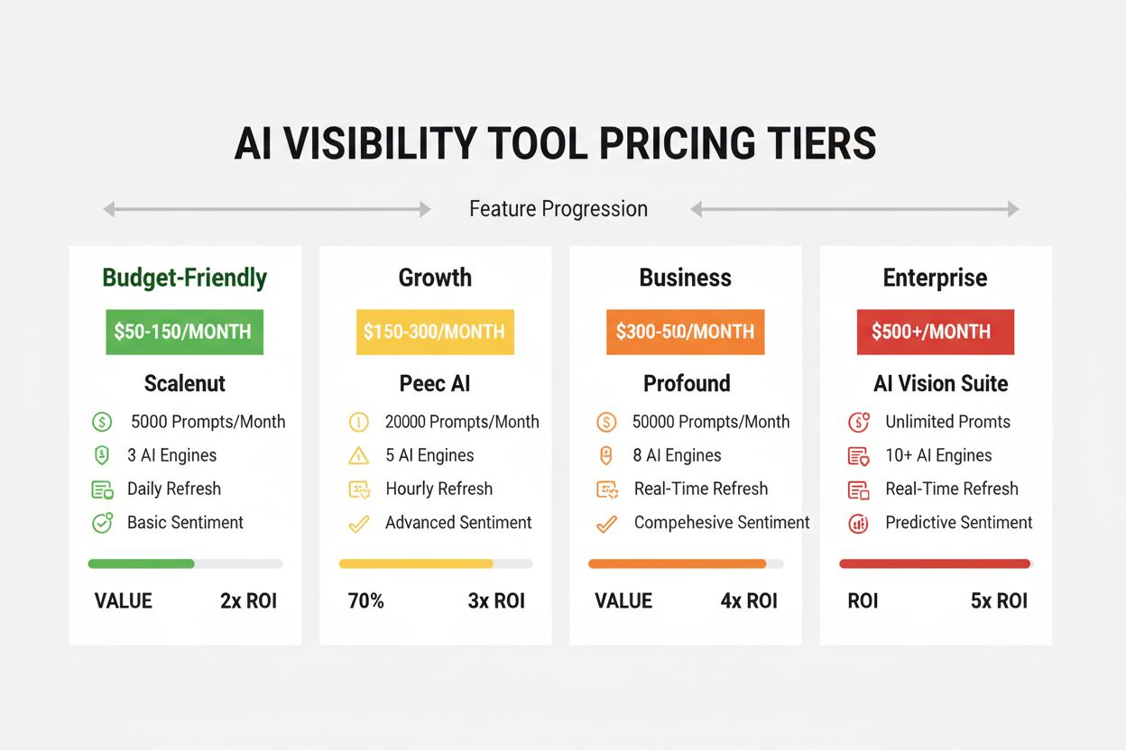 Comparison chart showing AI visibility tool pricing tiers from budget to enterprise