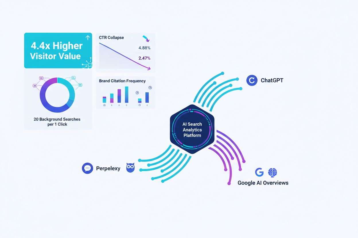 AI search metrics and statistics dashboard showing 4.4x higher visitor value and 20 background searches per click