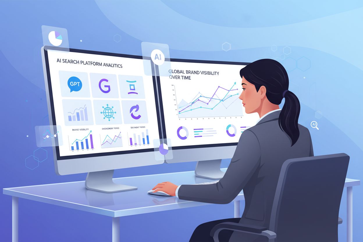 AI search landscape showing ChatGPT, Gemini, Perplexity, and Claude platforms with brand visibility monitoring dashboard