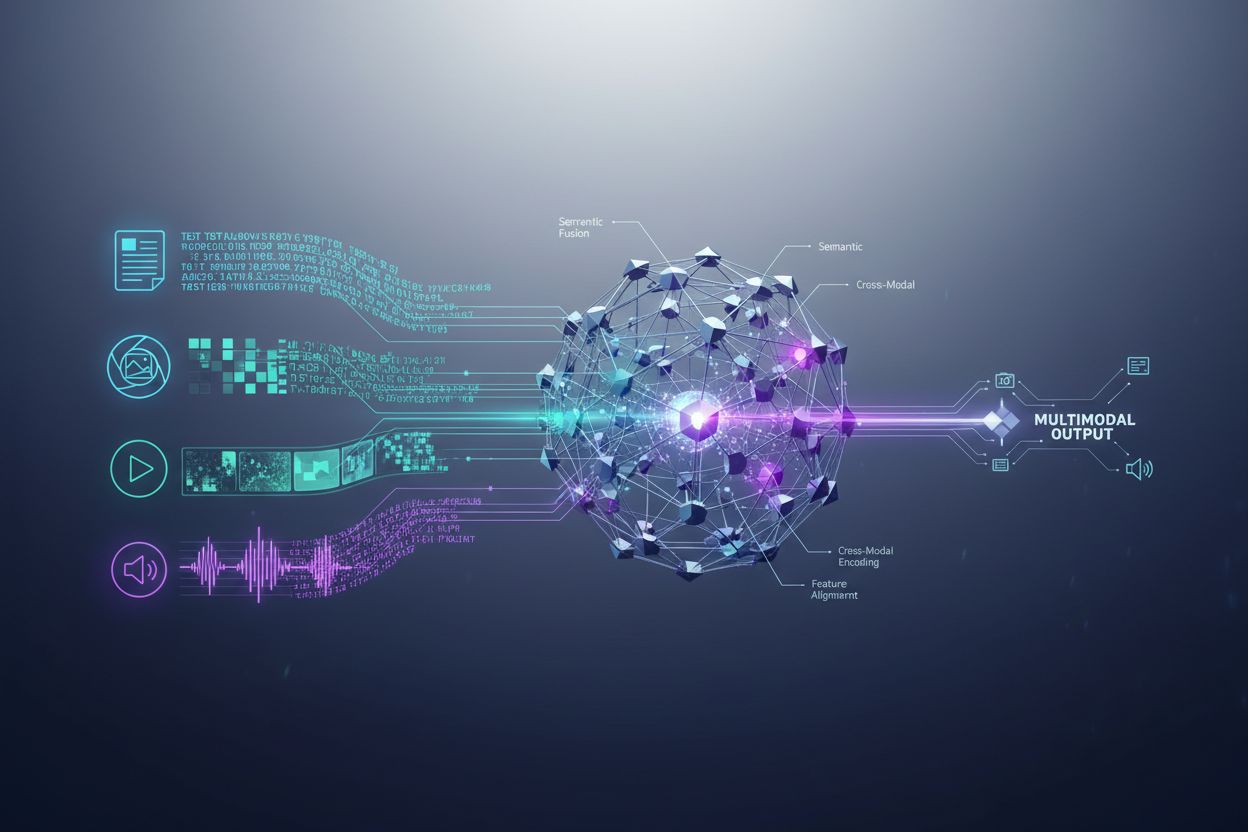 Multimodal AI processing visualization showing text, image, video, and audio data streams flowing into a central neural network hub with interconnected nodes
